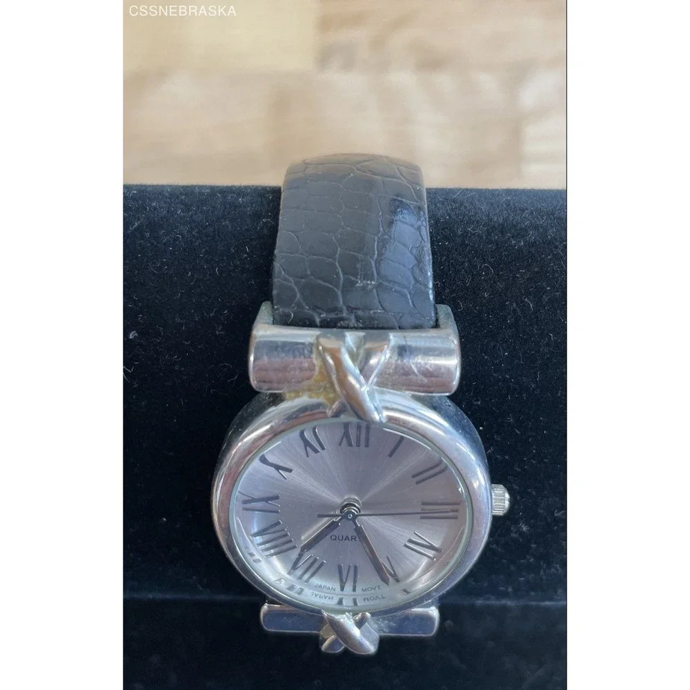 Chico's‎ Women's Silver Tone Roman Numeral Cuff Bangle Watch Black Leather Band